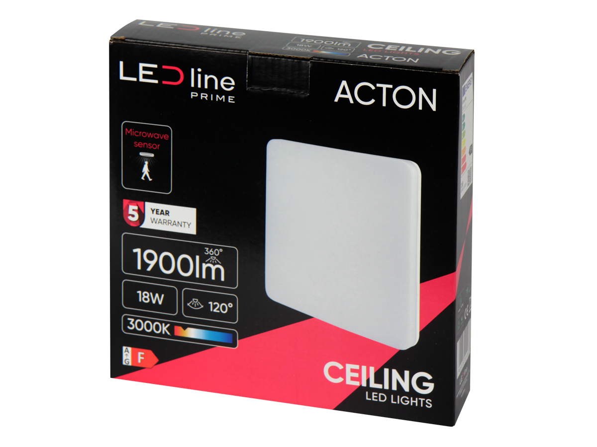 Plafonlamp ACTON 3000K 18W 1900lm vierkant IP54 wit PRIME bewegingssensor