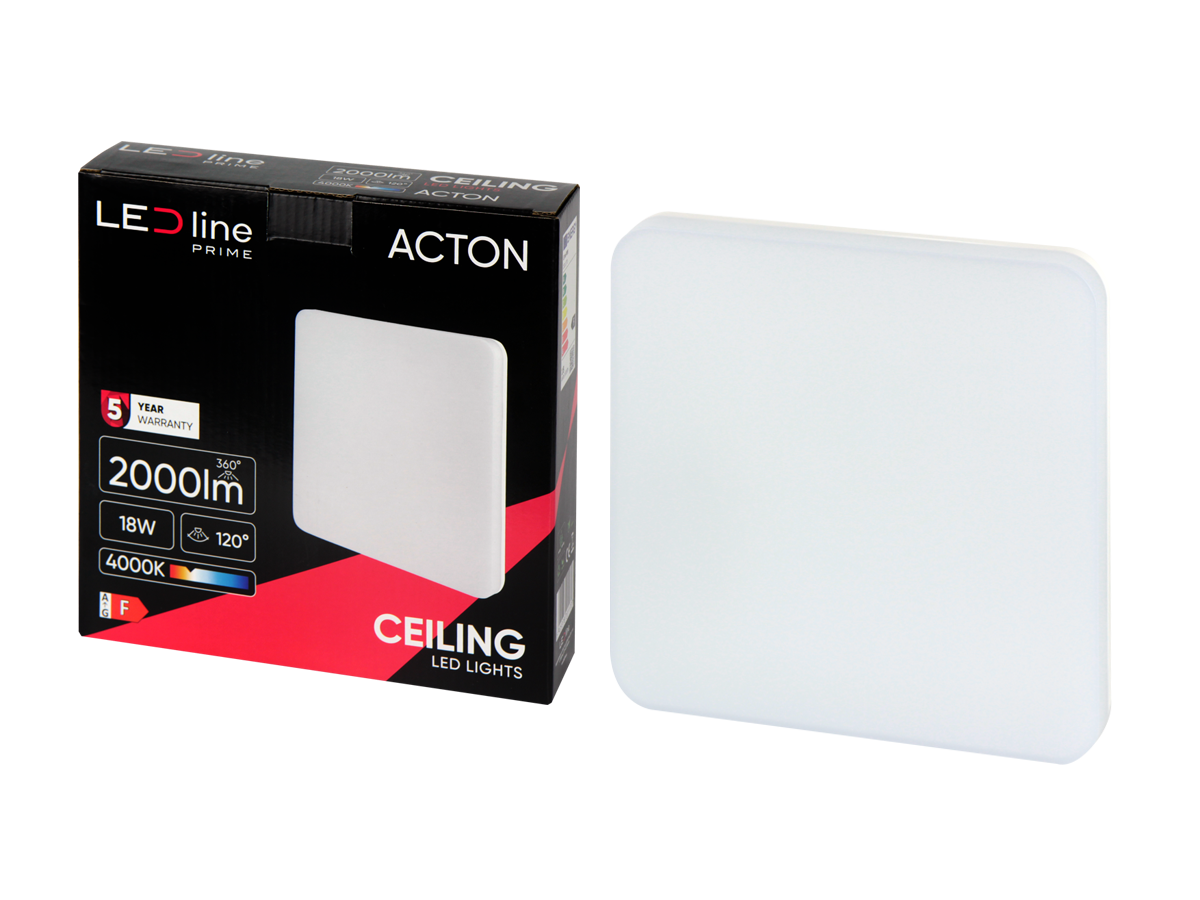 Plafonlamp ACTON 4000K 18W 2000lm vierkant IP54 wit PRIME