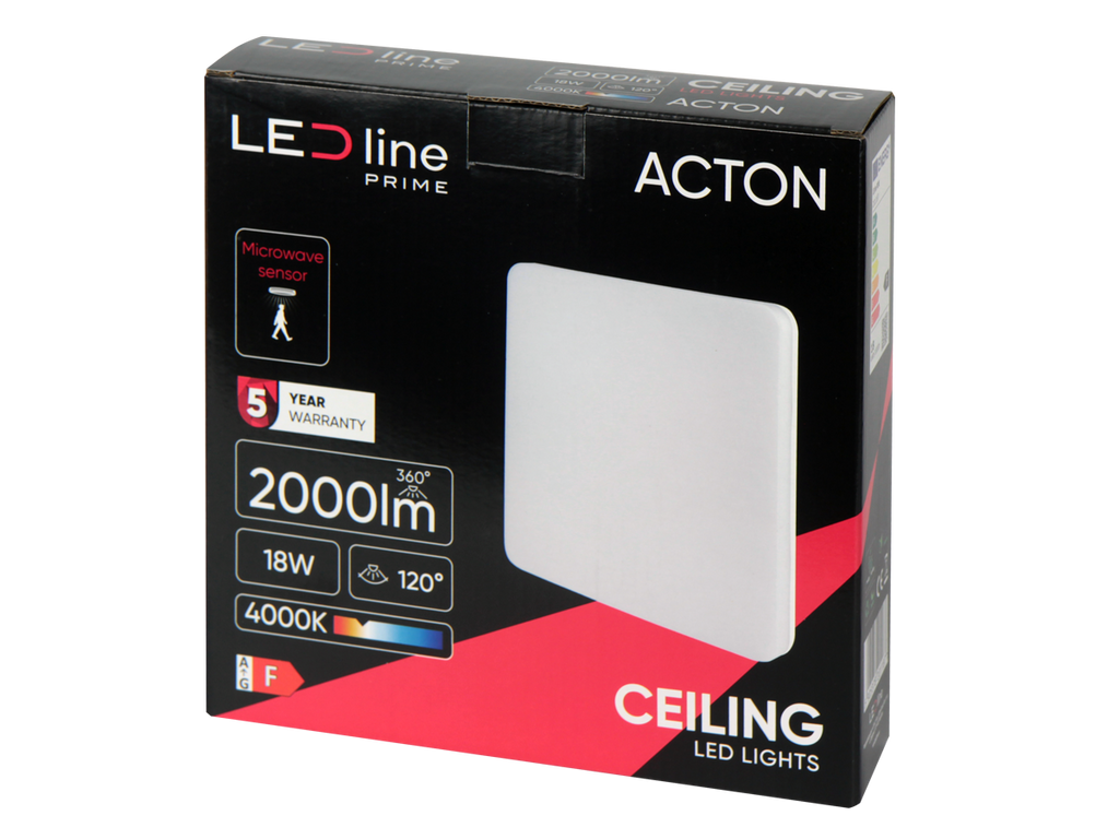 Plafonlamp ACTON 4000K 18W 2000lm vierkant IP54 wit PRIME bewegingssensor