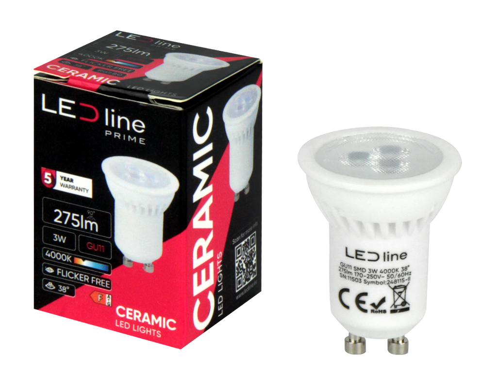 LED-lamp GU11 4000K 3W 330lm 230V 38° GU10 Keramiek PRIME