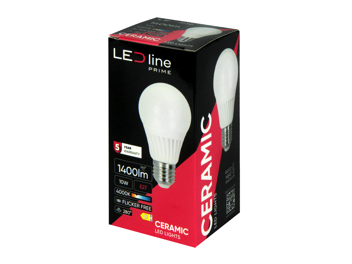 LED-lamp E27 4000K 10W 1400lm 230V 280° A60 Keramiek PRIME