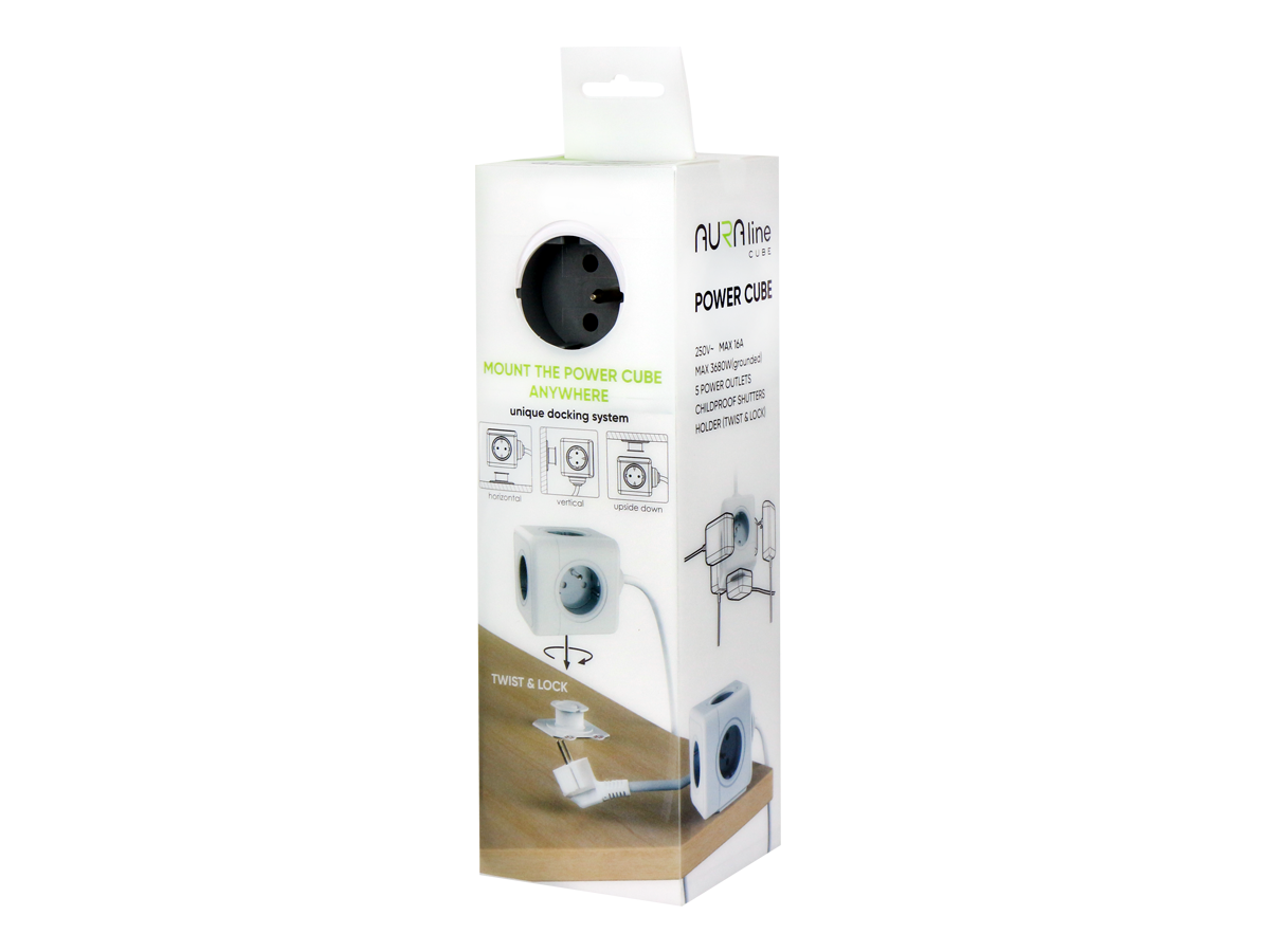Verlengsnoer CUBE 5 sockets 1,5m 16A/3680W AURA line