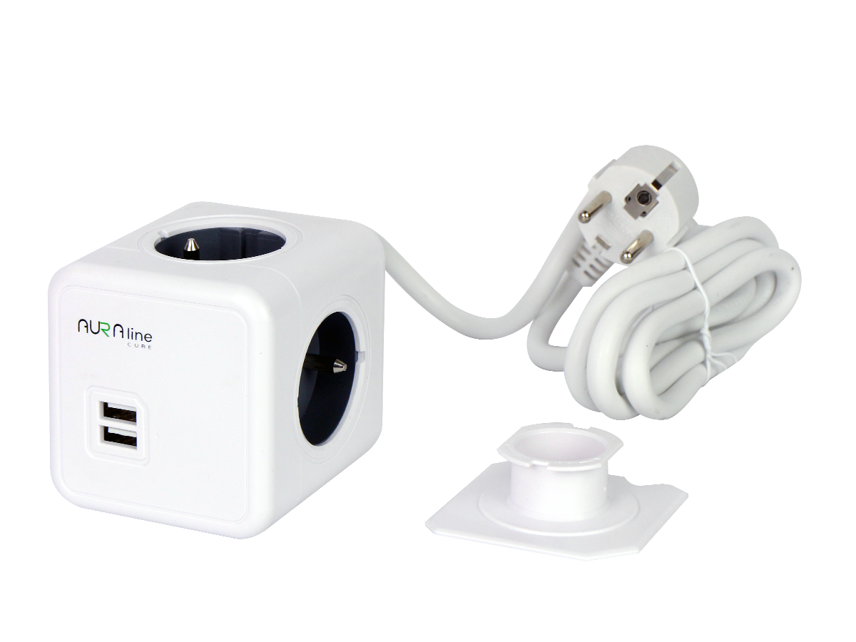 Verlengsnoer CUBE 4 stopcontacten + 2xUSB (2,1A) 1,5m 16A/3680W AURA line