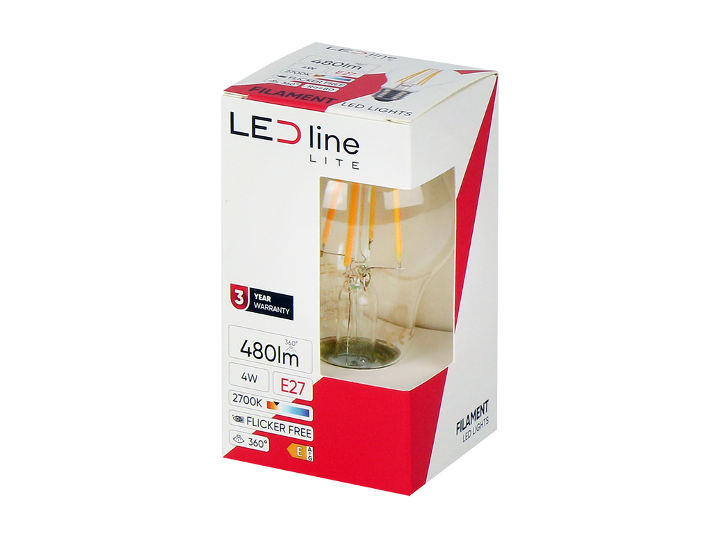 LED-lamp E27 2700K 4W 480lm 230V 360° FILAMENT A60 Glas LITE