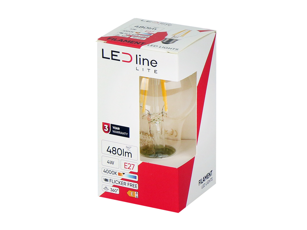 LED-lamp E27 4000K 4W 480lm 230V 360° FILAMENT A60 Glas LITE