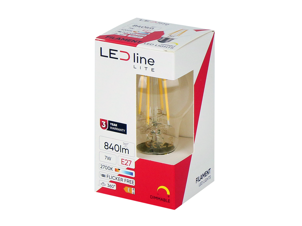 LED-lamp E27 2700K 7W 840lm 230V 360 ° FILAMENT A60 SIM Glass LITE