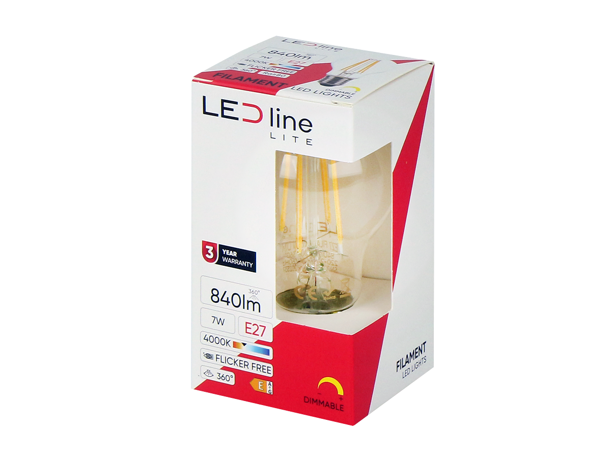 LED-lamp E27 4000K 7W 840lm 230V 360 ° FILAMENT A60 SIM Glass LITE