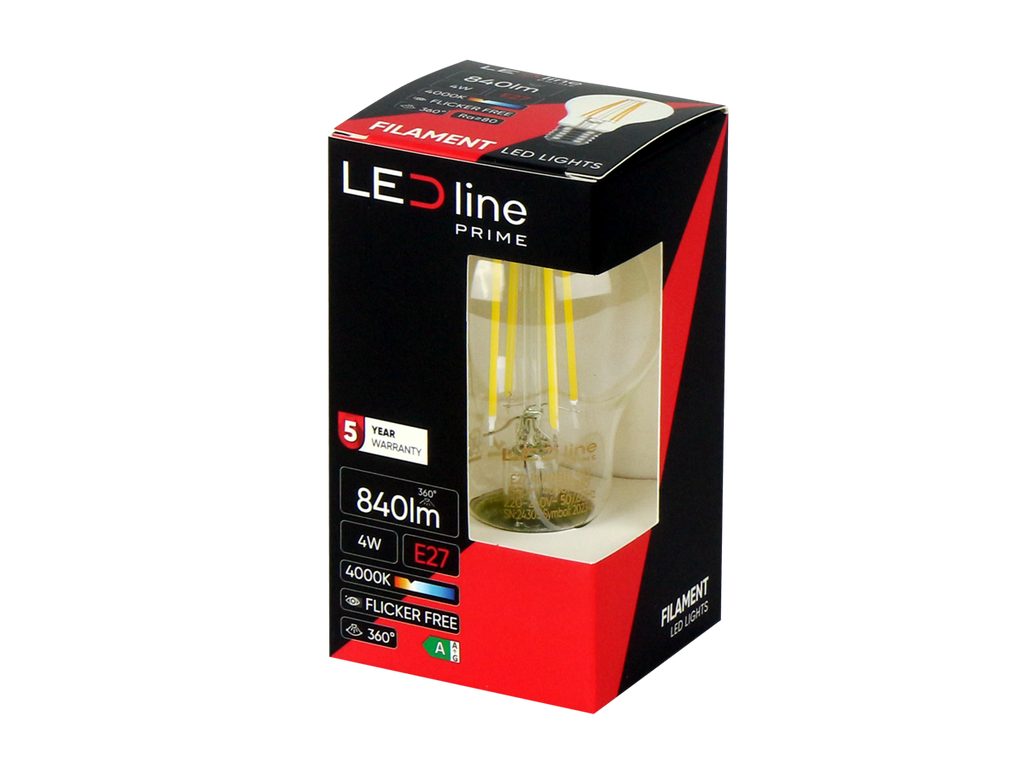 LED-lamp E27 4000K 4W 840lm 230V 360° FILAMENT A60 Glas PRIME