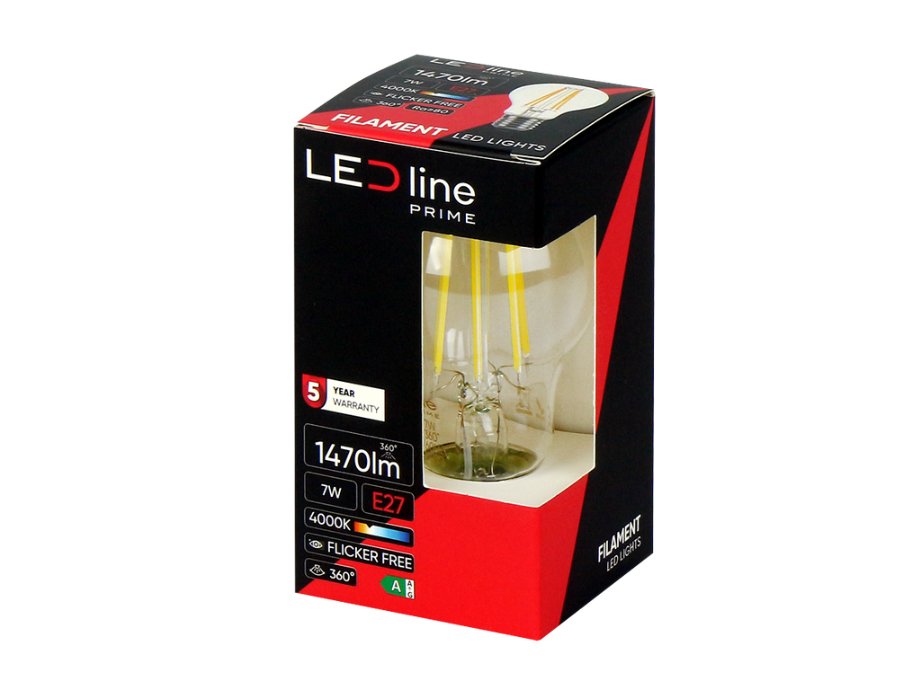 LED-lamp E27 4000K 7W 1470lm 230V 360° FILAMENT A60 Glas PRIME