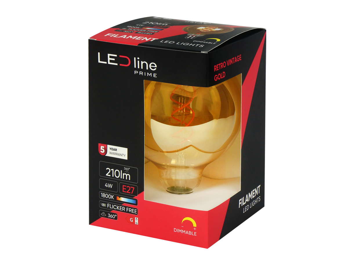 LED-lamp E27 1800K 4W 210lm 230V 360 ° FILAMENT G125 DIM Glass Golden PRime