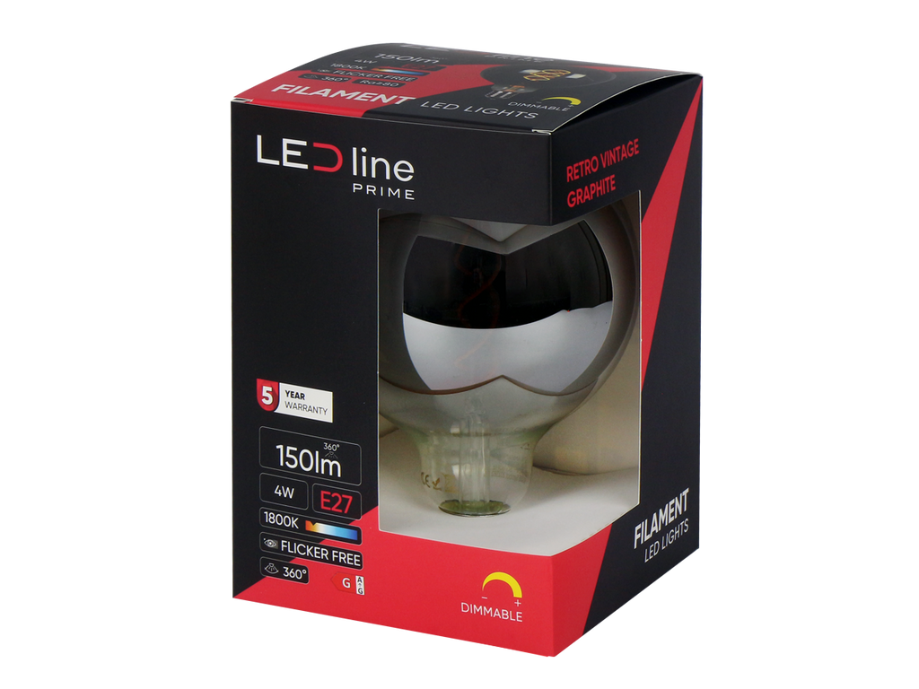 LED-lamp E27 1800K 4W 150lm 230V 360 ° FILAMENT G125 DIM Grafietglas PRIME