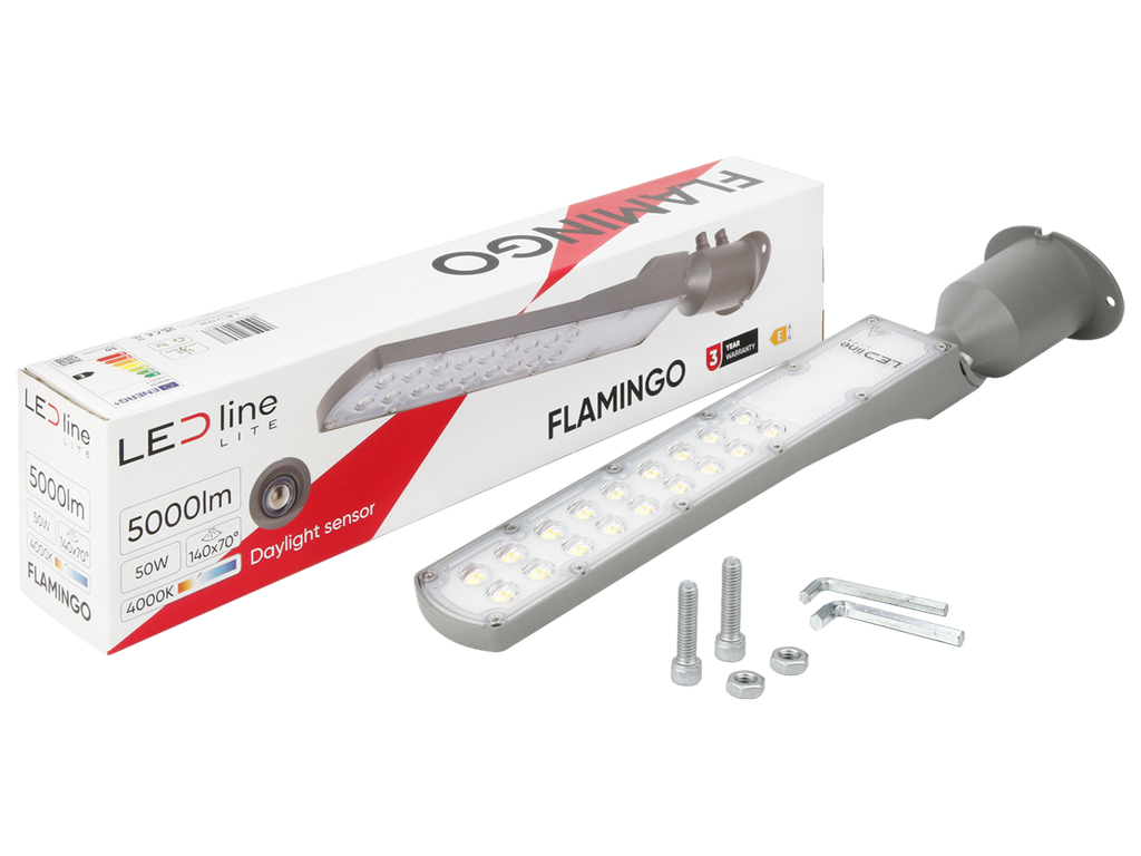 Wegverlichting Armatuur FLAMINGO 4000K 50W 5000lm IP65 grijs LITE schemeringssensor
