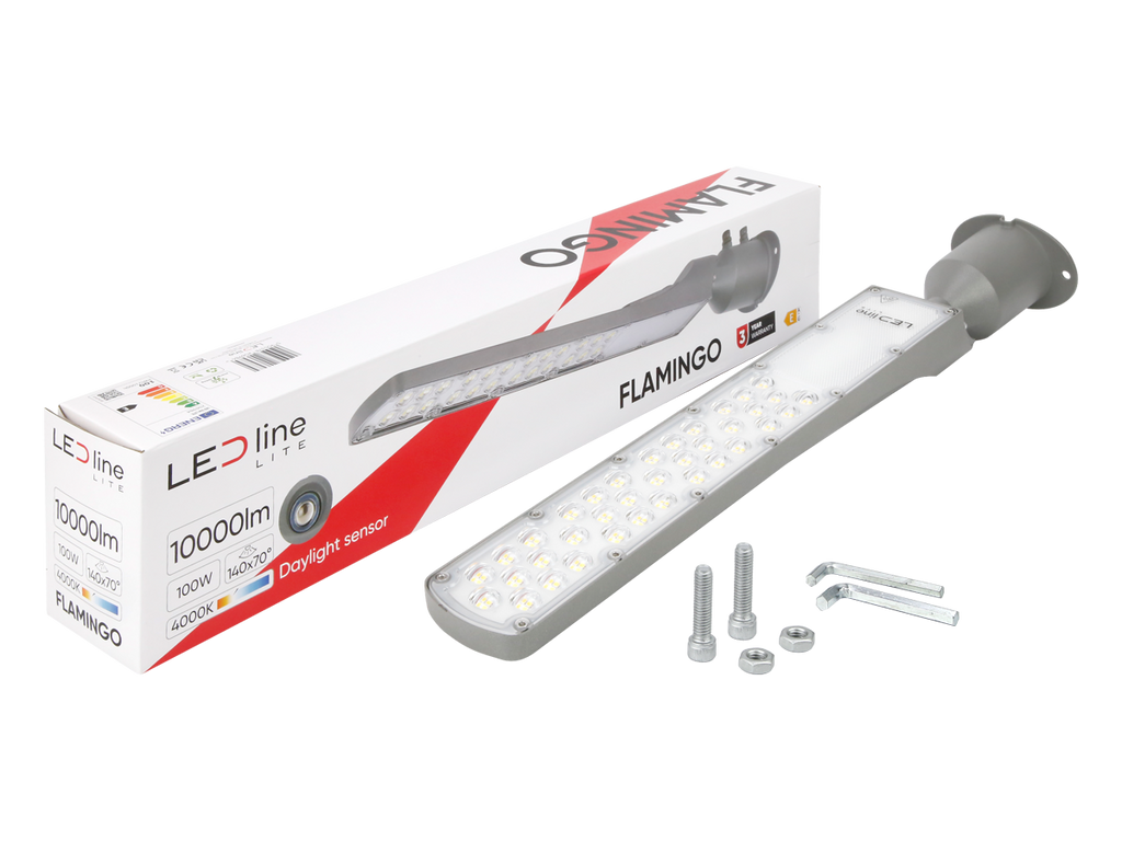 Wegverlichting Armatuur FLAMINGO 4000K 100W 10000lm IP65 grijs LITE schemeringssensor