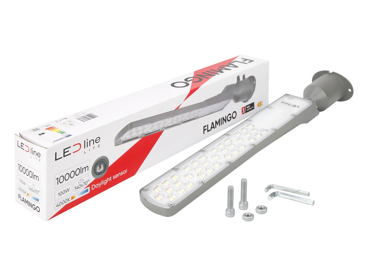 Wegverlichting Armatuur FLAMINGO 4000K 100W 10000lm IP65 grijs LITE schemeringssensor