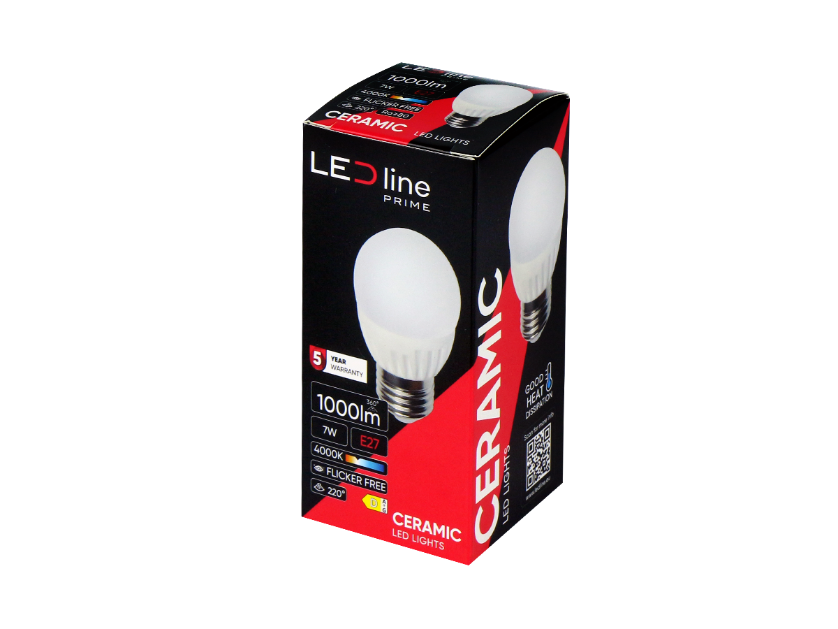 LED-lamp E27 4000K 7W 1000lm 230V 220° G45 Keramiek PRIME