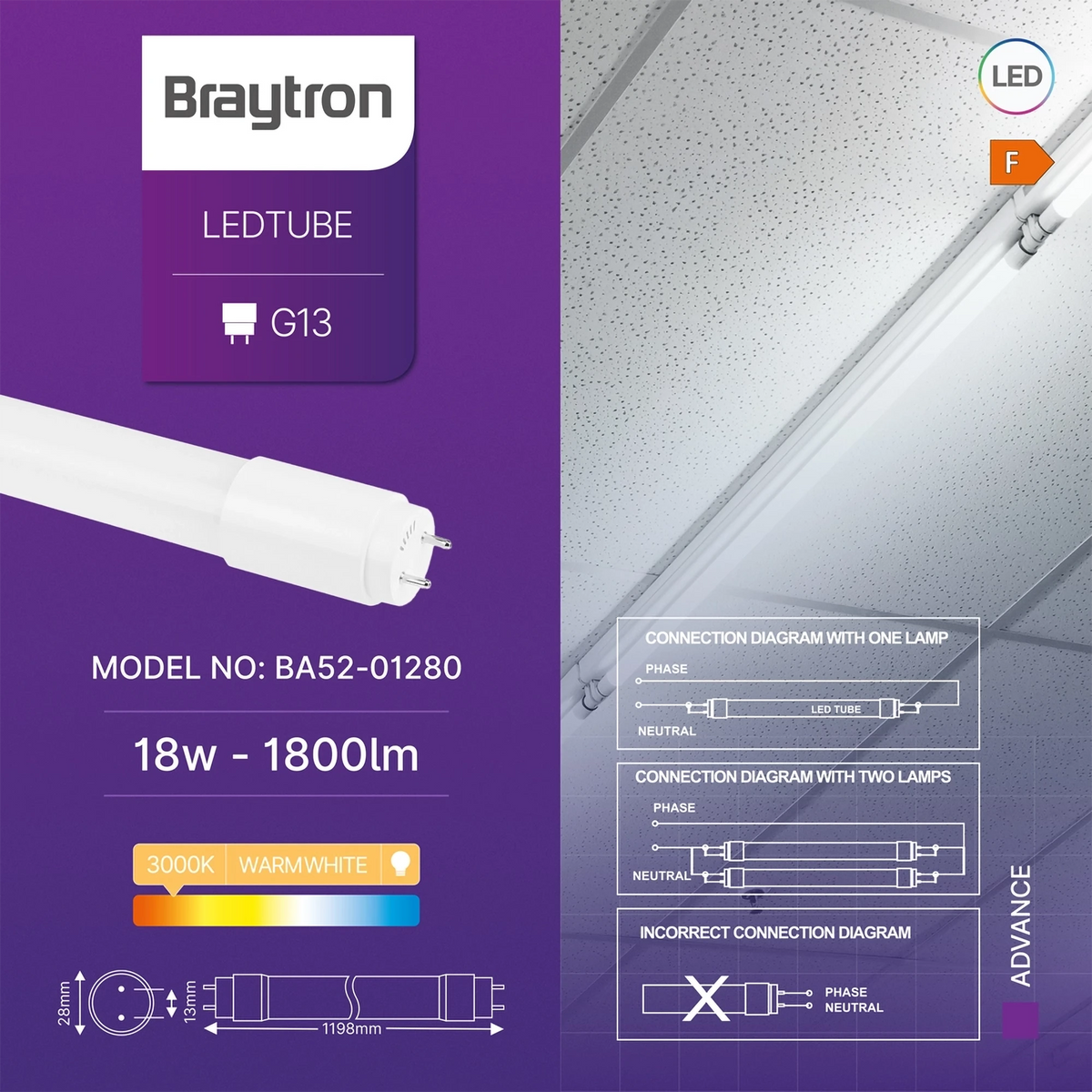 Braytron Advance LED Buis 18W G13 3000K DB T8 GLS