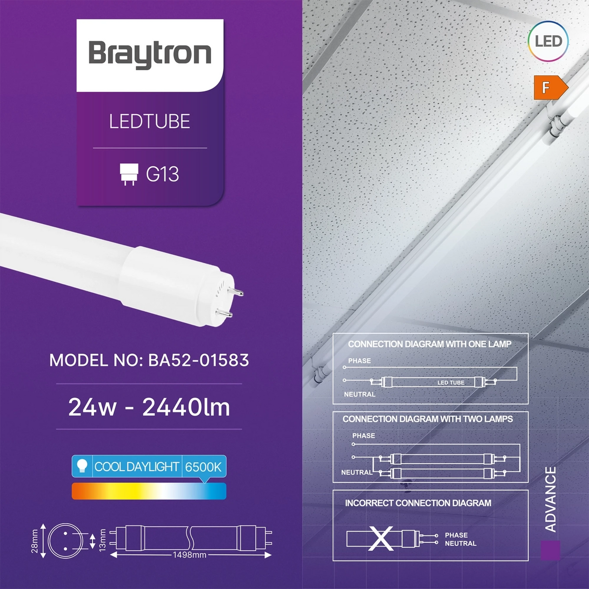 Braytron Advance LED Buis 24W G13 6500K DB T8 GLS