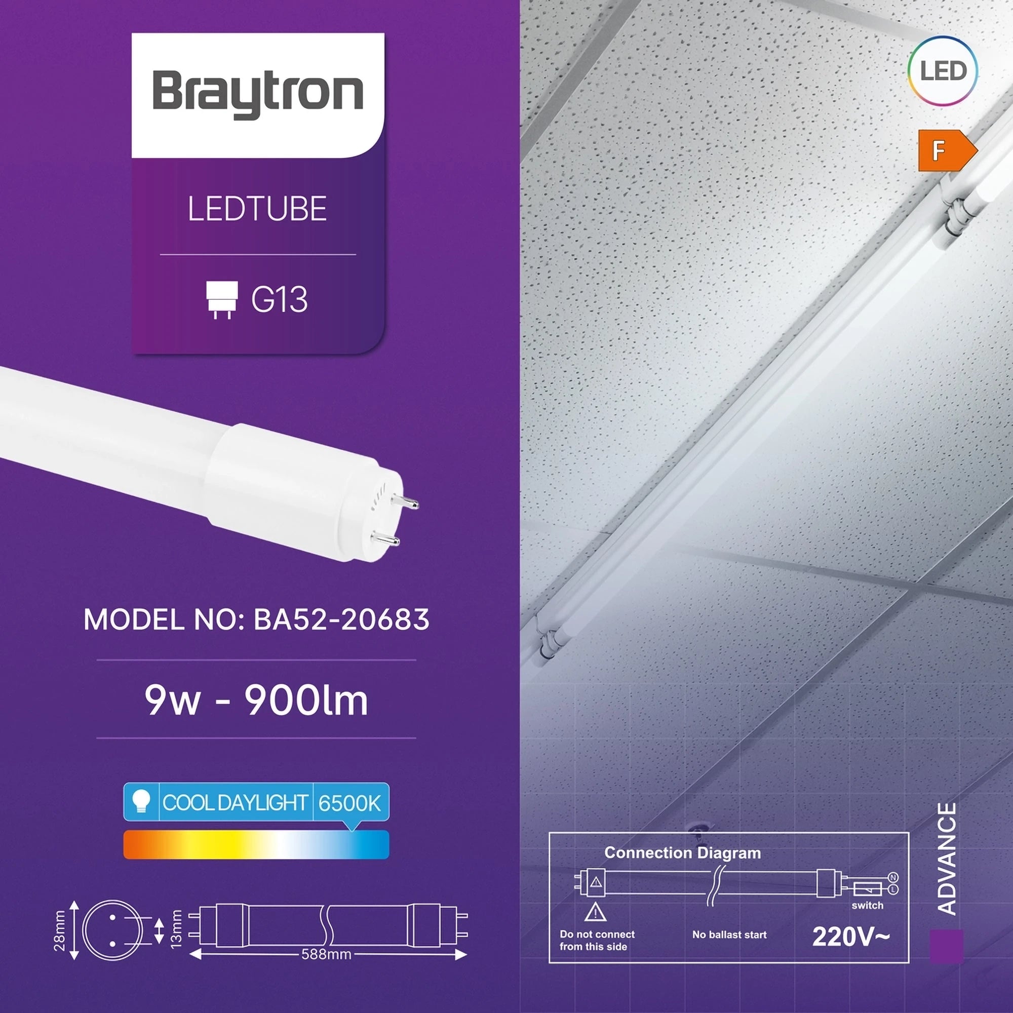 Braytron Advance LED Buis 9W G13 6500K SG T8 GLS