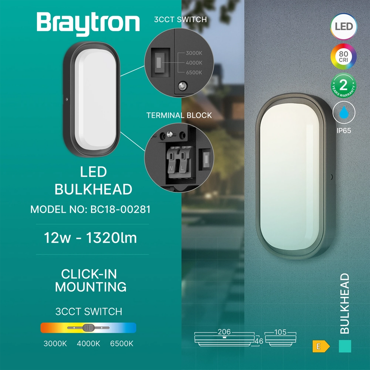 Braytron Bulkhead LED Bulkhead-armatuur 12W IP65 Zwart ELP 3IN1