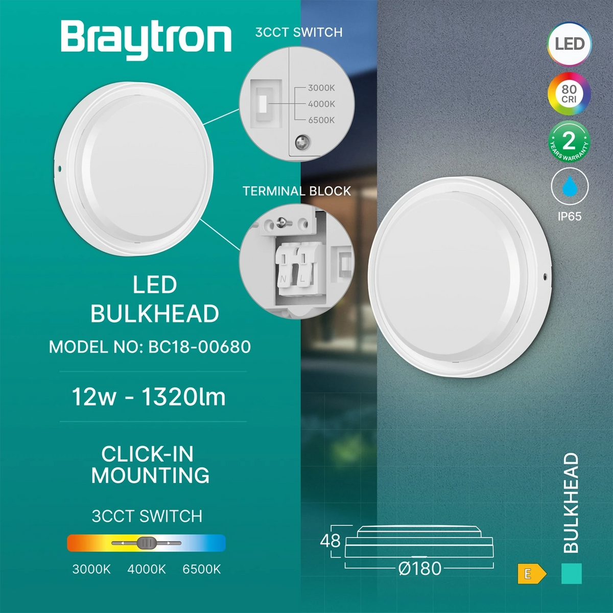 Braytron Bulkhead LED Bulkhead-armatuur 12W IP65 Wit RND 3IN1