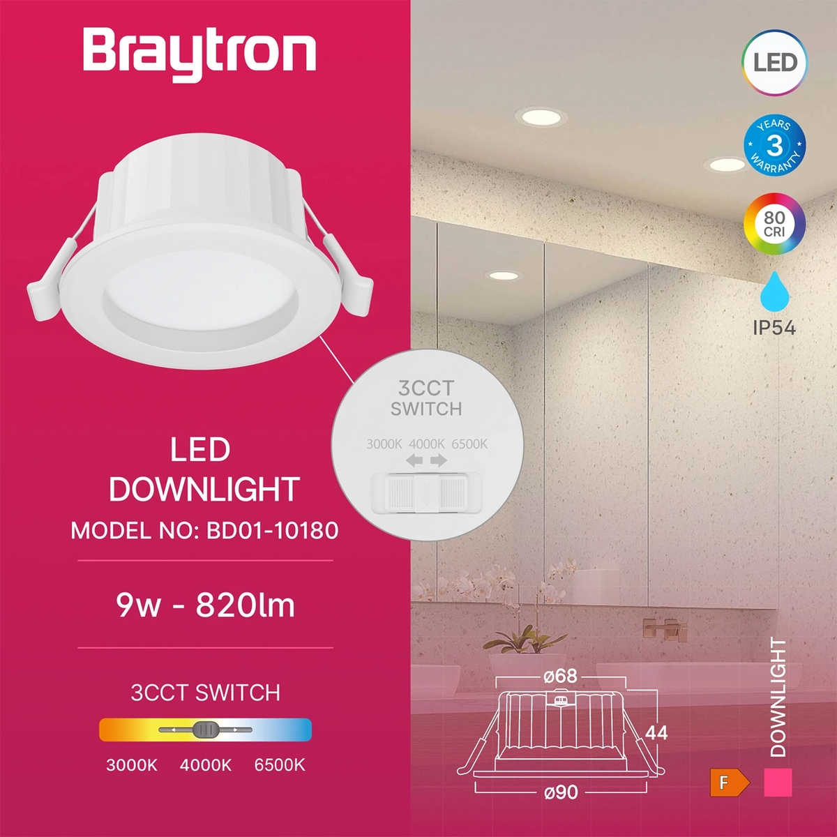 Braytron Downlight D90 Downlight 9W IP54 Wit RND 3IN1