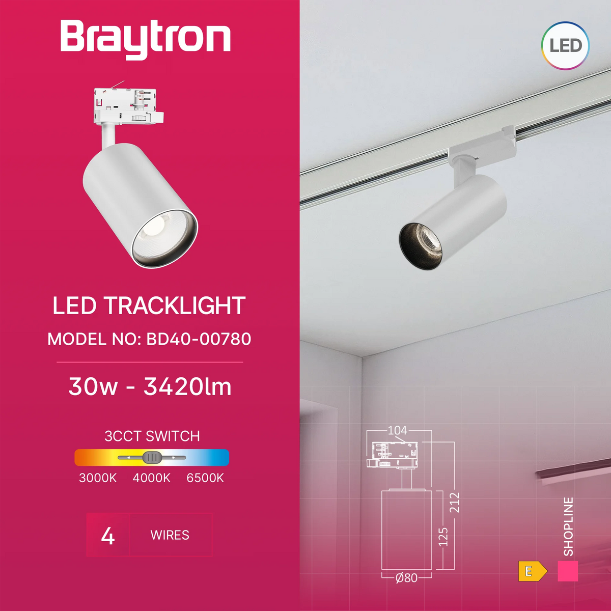 Braytron Shopline Railspot 30W Wit P30 4WRS 3IN1