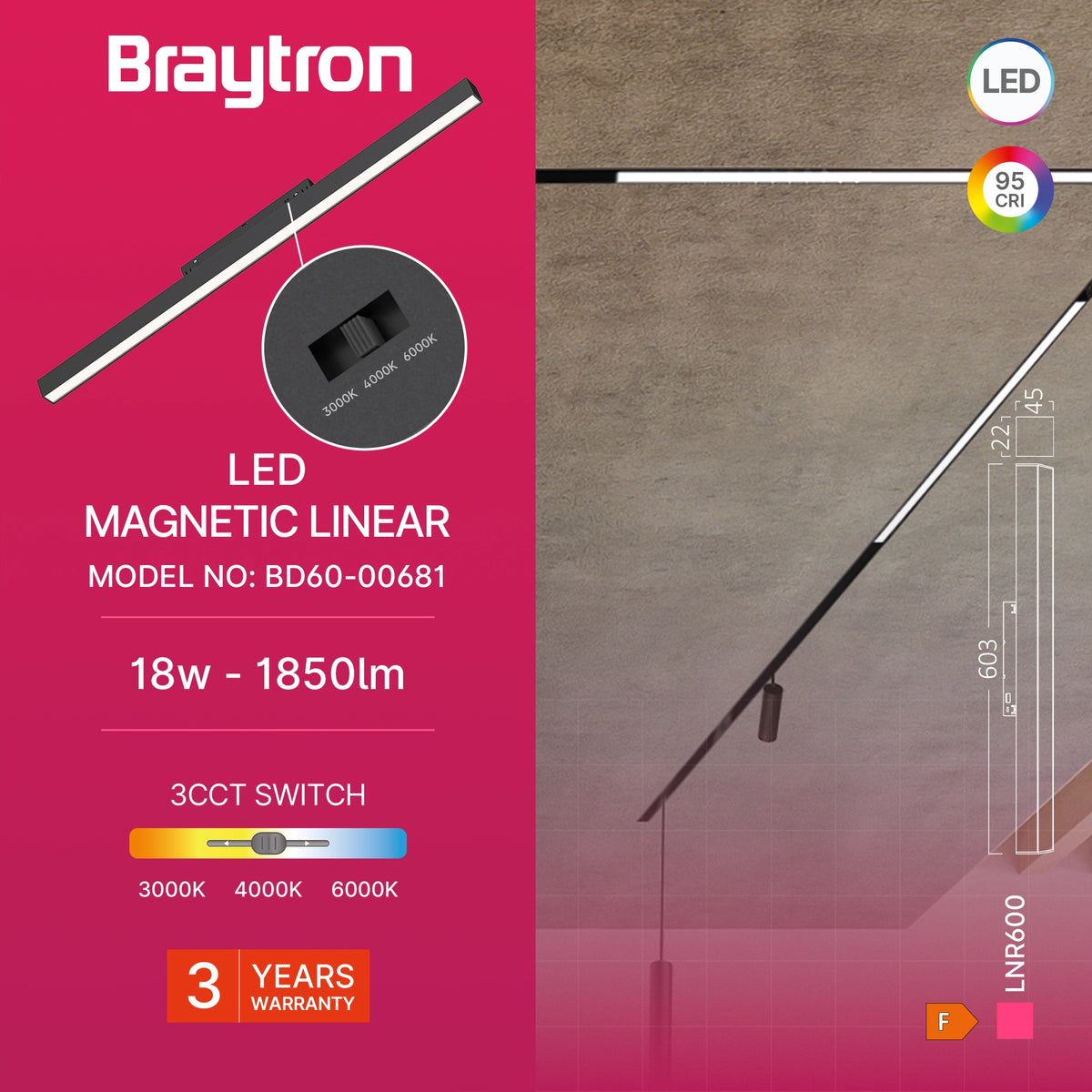 Braytron M20 Magneetrail Lineair 18W 48VDC Zwart LNR600 3IN1