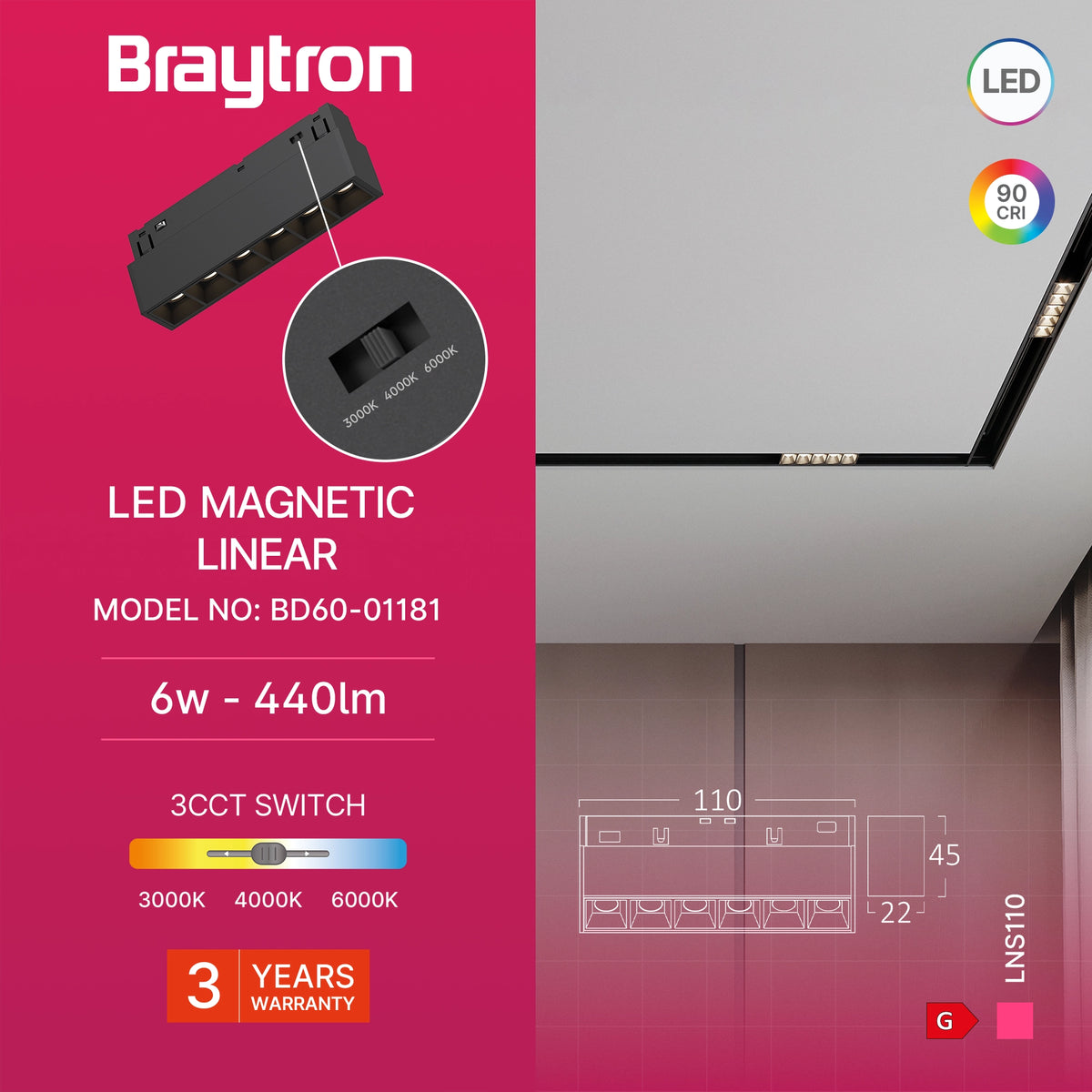 Braytron M20 Magneetrail Lineair 6W 48VDC Zwart LNS110 3IN1