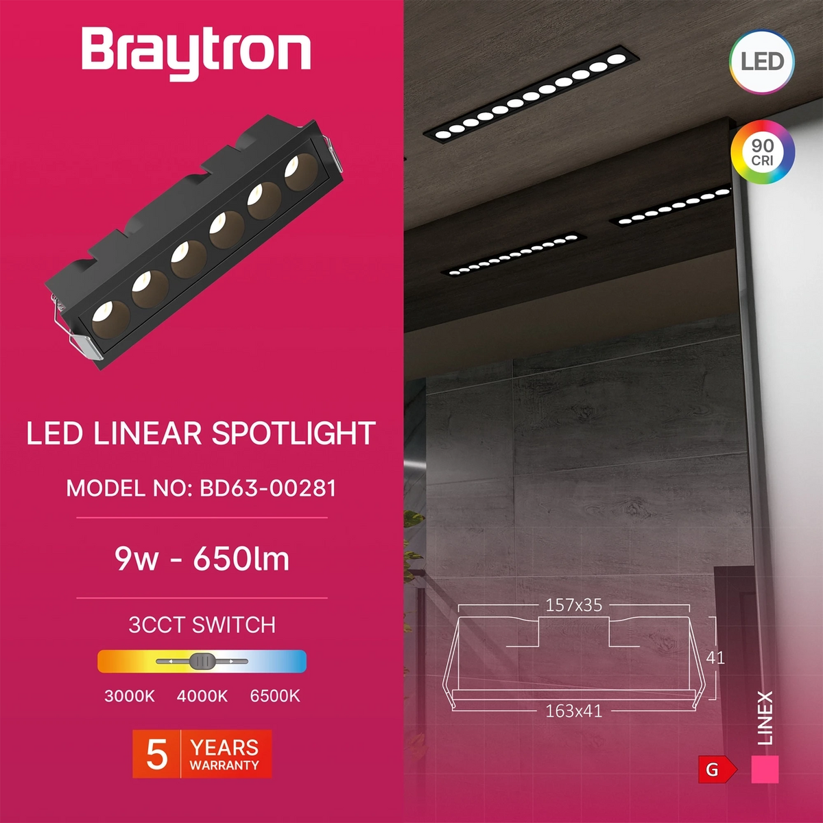 Braytron Linex Lineaire LED-armatuur 9W Zwart LN6 3CCT