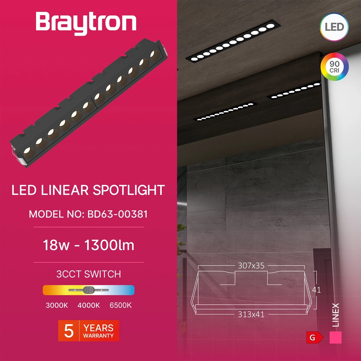 Braytron Linex Lineaire LED-armatuur 18W Zwart LN12 3CCT