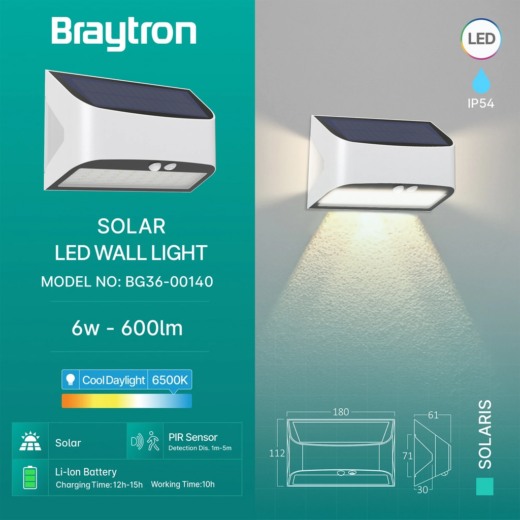 Braytron Solaris Solar Wandlamp 6W 6500K IP54 Wit W1B