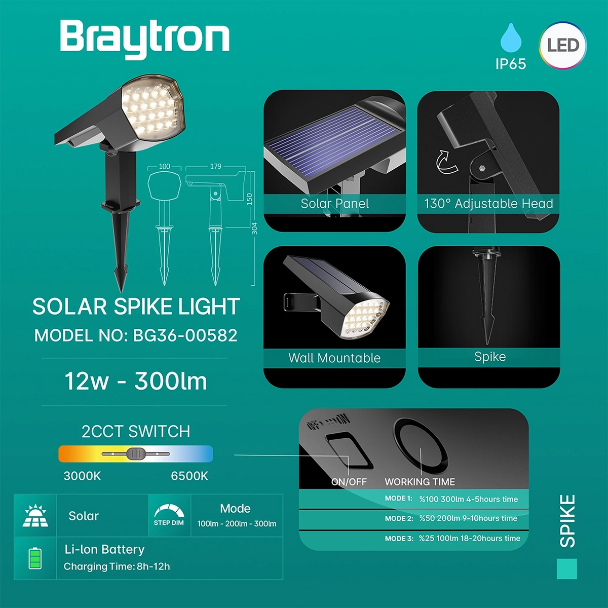 Braytron Spike Grondspot 12W IP65 Grijs 2IN1