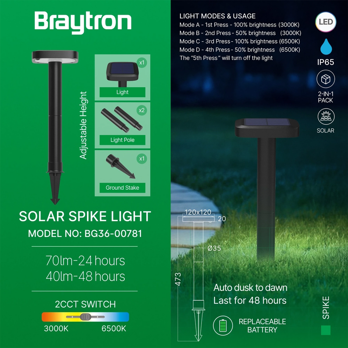 Braytron Spike Grondspot 8W IP65 Zwart 2B RND 2IN1