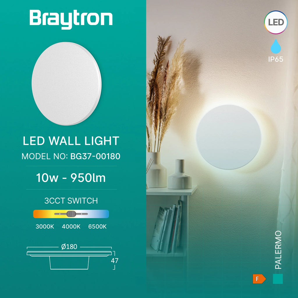 Braytron Palermo Wandlamp 10W IP65 Wit S RND 3IN1