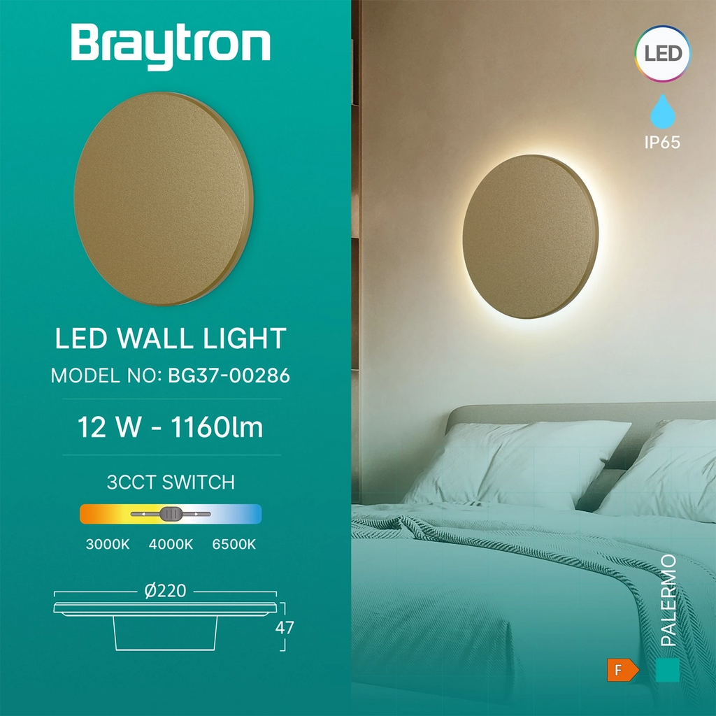 Braytron Palermo Wandlamp 12W IP65 Goud M RND 3IN1