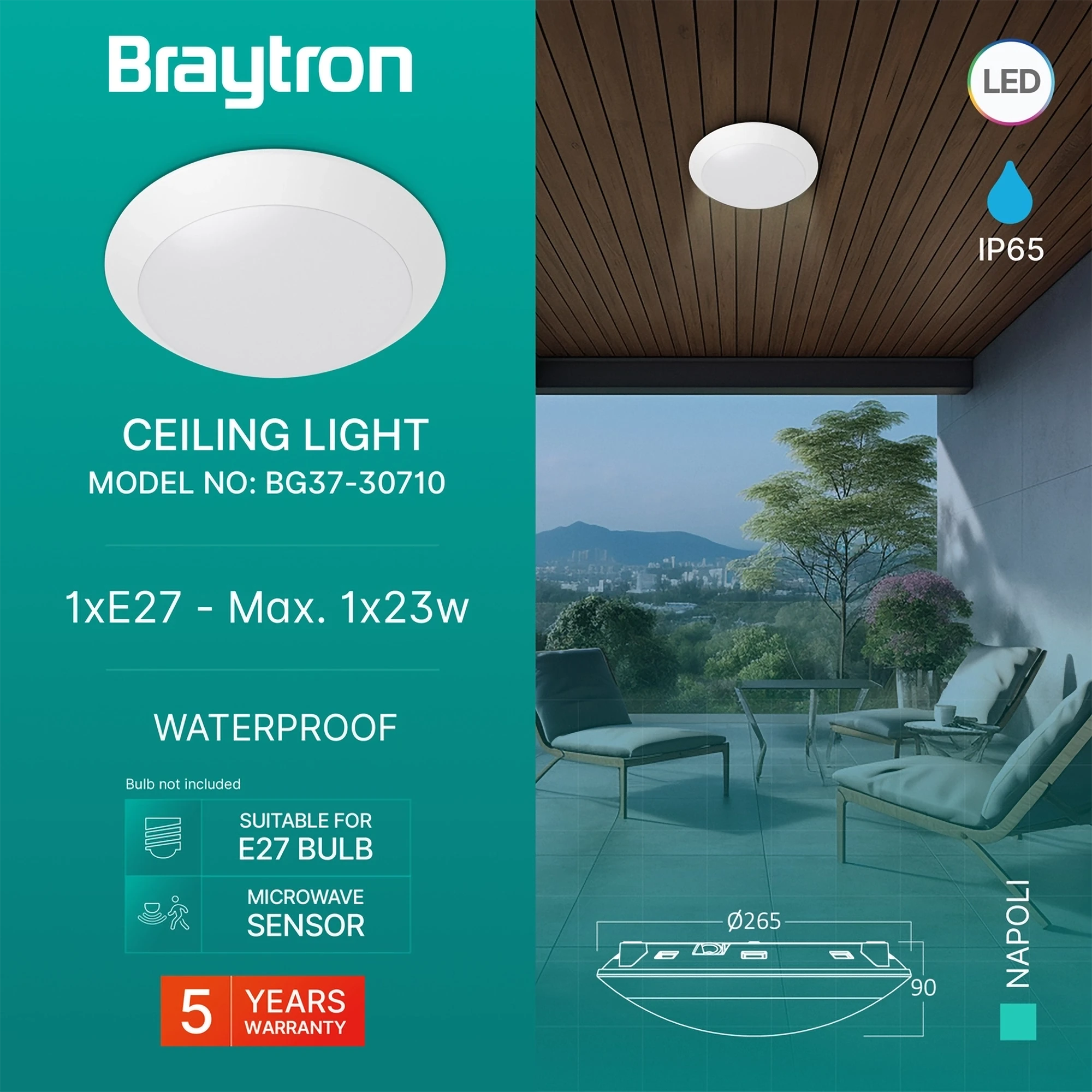 Braytron Napoli Plafondlamp IP65 Wit D270 1xE27 PC SNS