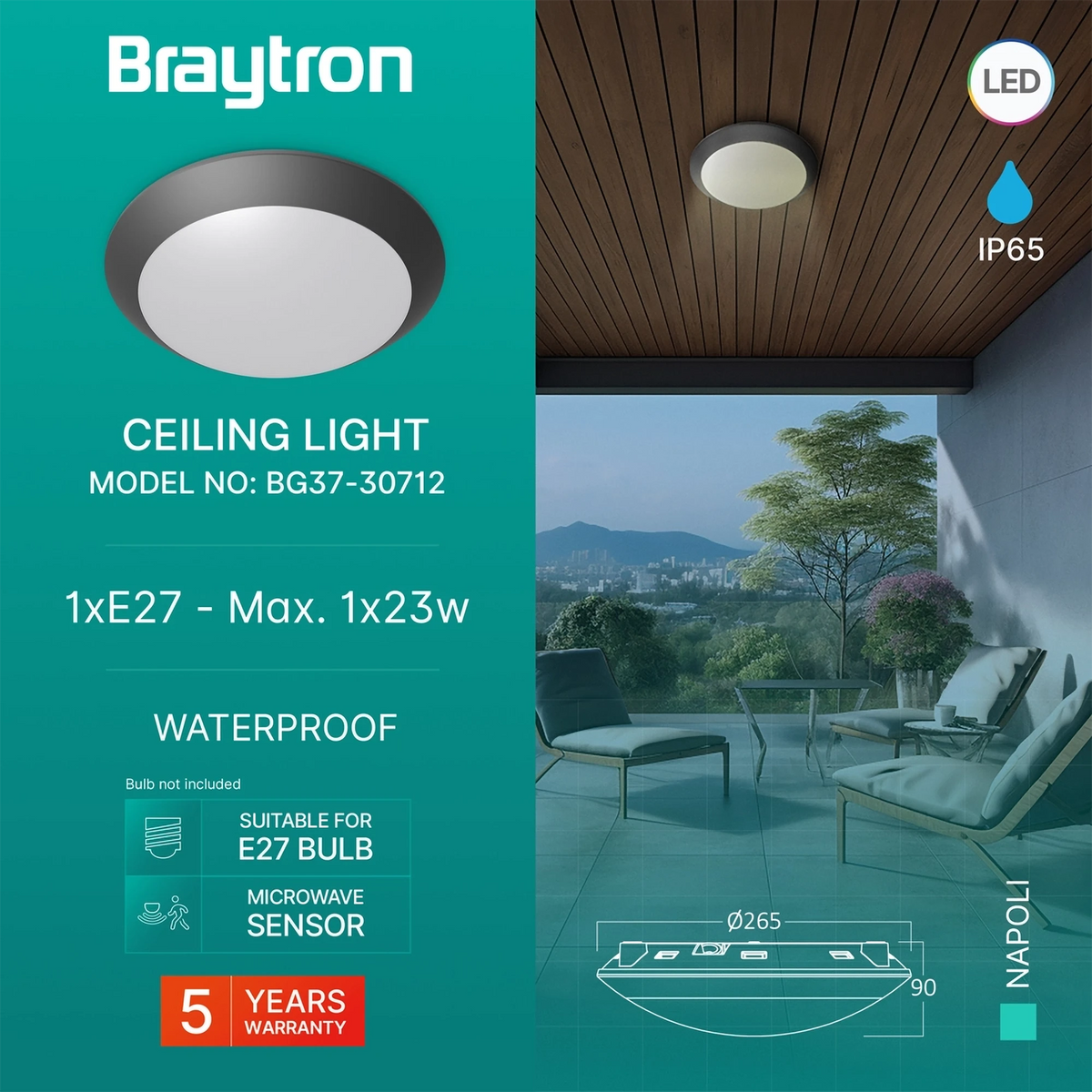 Braytron Napoli Plafondlamp IP65 Grijs D270 1xE27 PC SNS