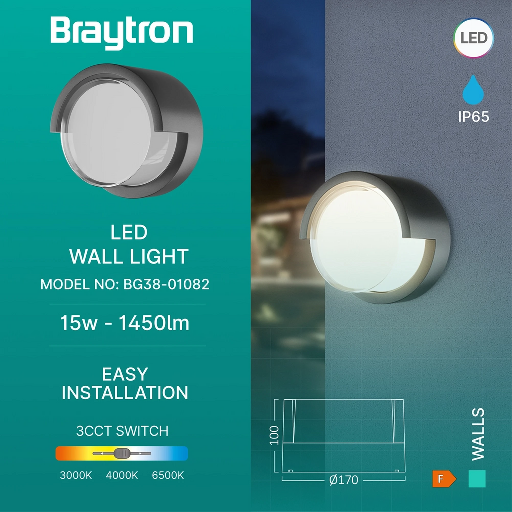 Braytron Walls Wandarmatuur 15W IP65 Grijs G1 RND 3IN1