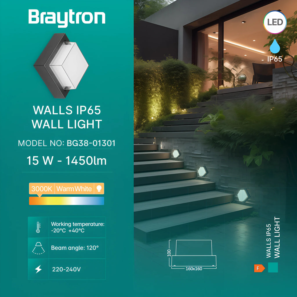 Braytron Walls Wandlamp 15W 3000K IP65 Zwart G2 SQR