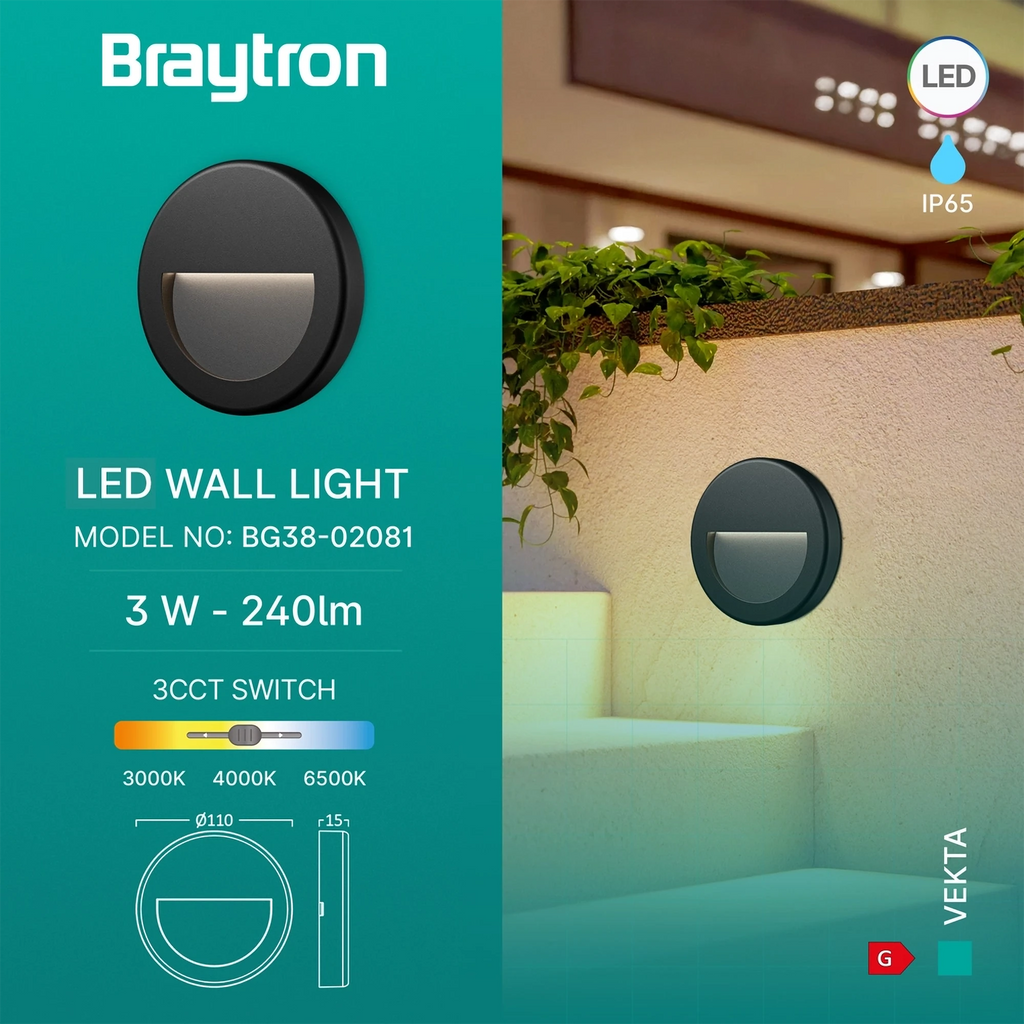 Braytron Vekta Wandlamp 3W IP65 Zwart B RND 3IN1