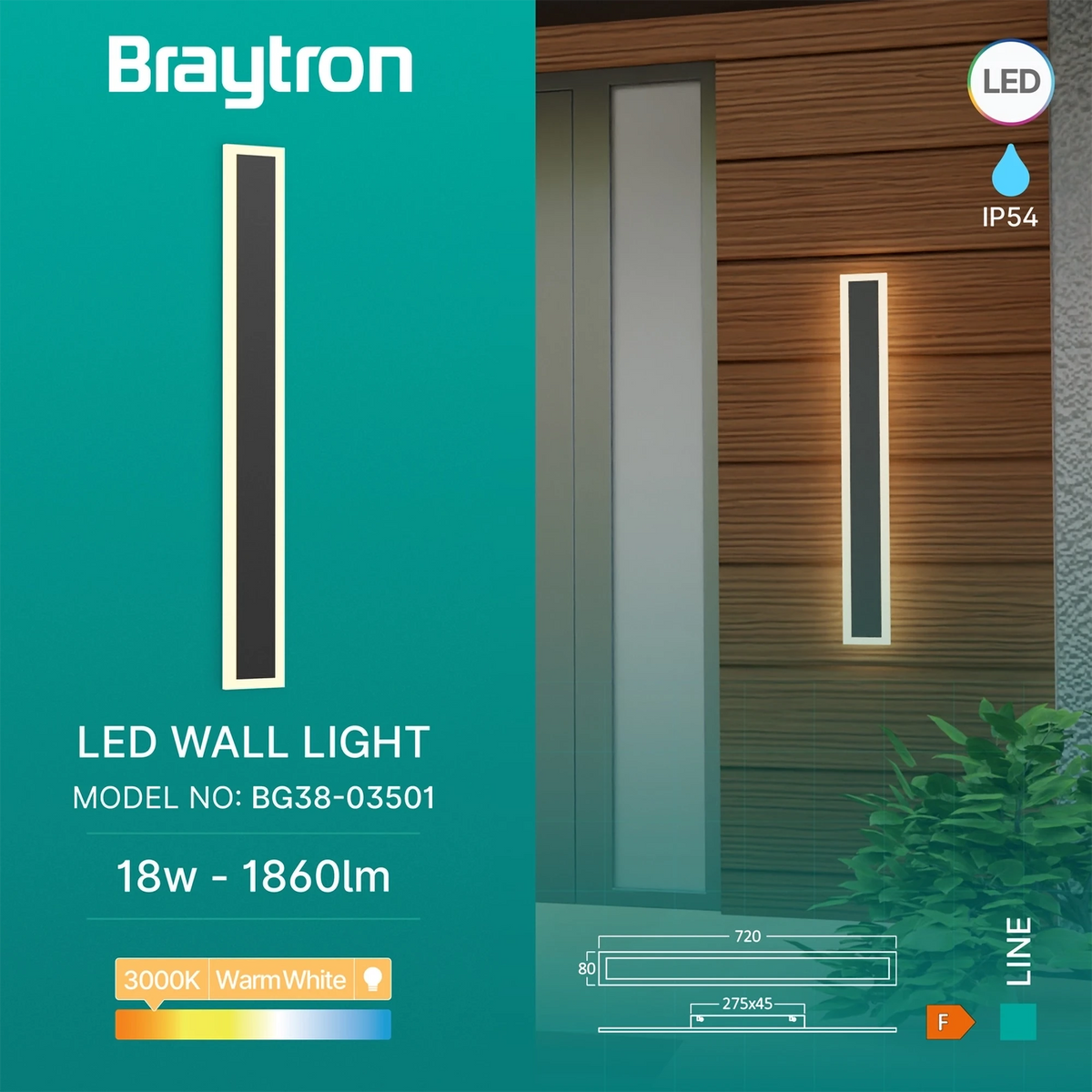 Braytron Line LED Wandlamp 18W IP54 Zwart 75