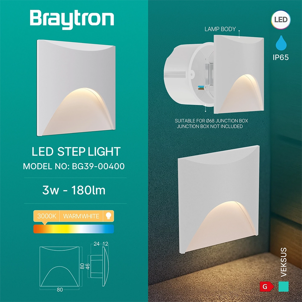Braytron Veksus Wandlamp 3W 3000K IP65 Wit SQR