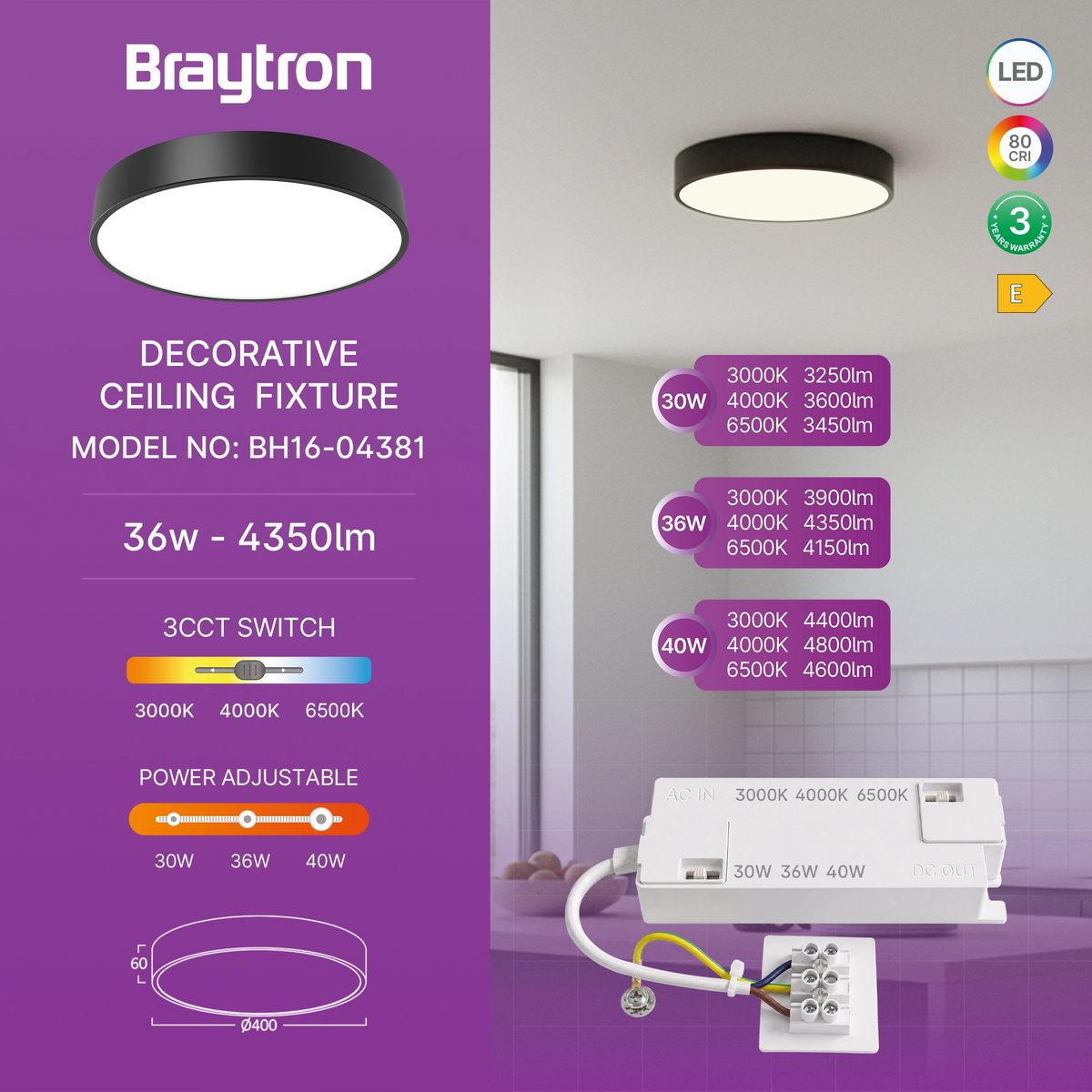 Braytron Blade Plafondlamp 36W Zwart SR RND 3IN1 WAT3