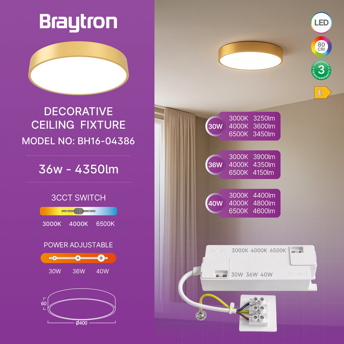 Braytron Blade Plafondlamp 36W Goud SR RND 3IN1 WAT3