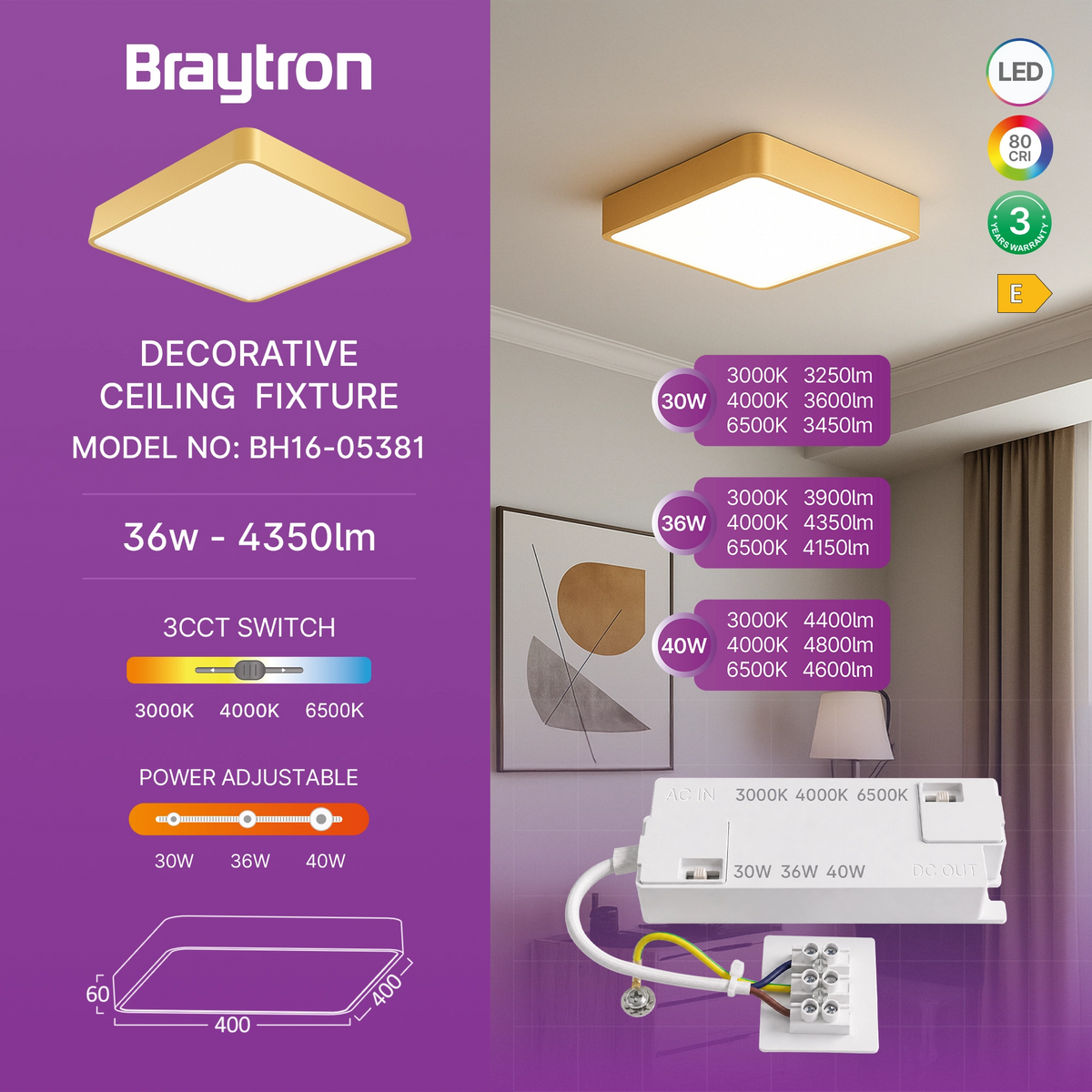 Braytron Blade Plafondlamp 36W Goud SS SQR 3IN1 WAT3