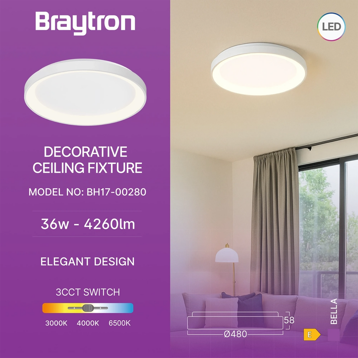 Braytron Bella Plafondlamp 36W IP20 Wit SLS SR RND 3IN1