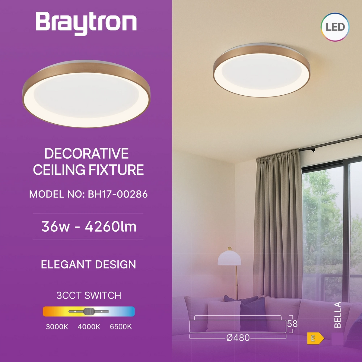Braytron Bella Plafondlamp 36W IP20 Goud SLS SR RND 3IN1