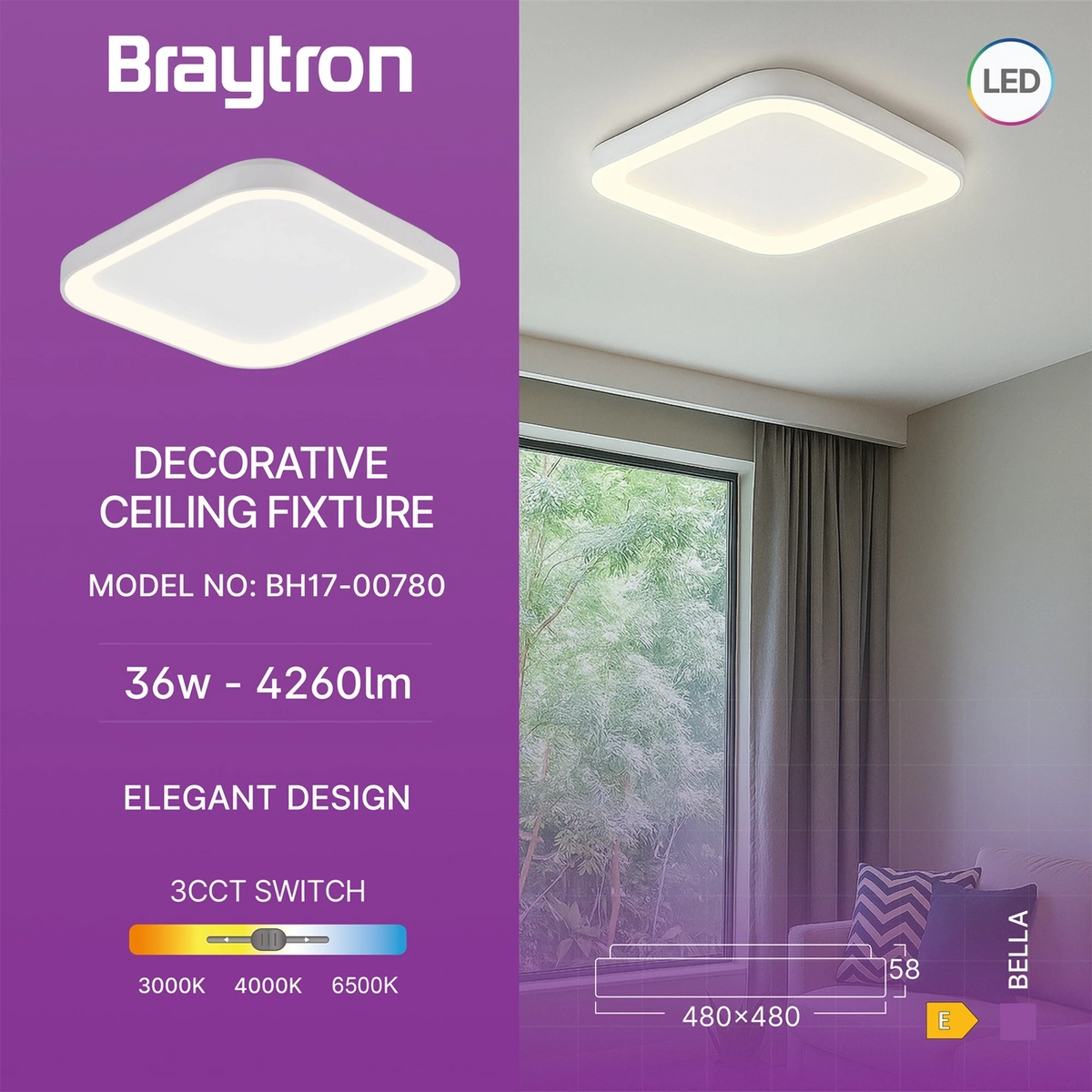 Braytron Bella Plafondlamp 36W IP20 Wit SLS SR SQR 3IN1