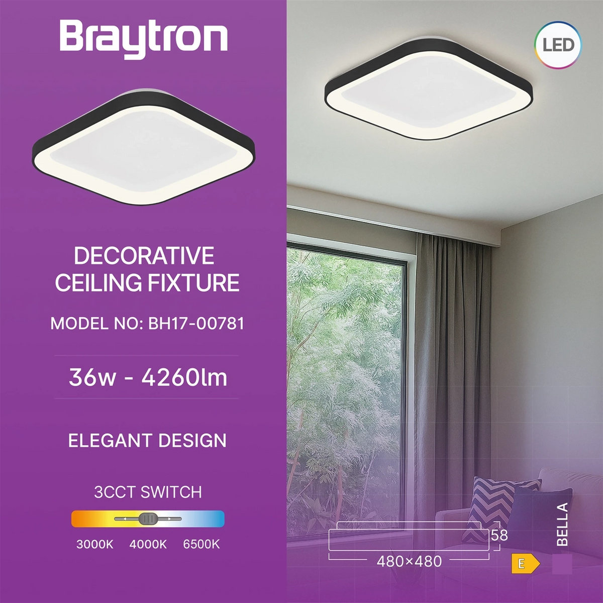 Braytron Bella Plafondlamp 36W IP20 Zwart SLS SR SQR 3IN1