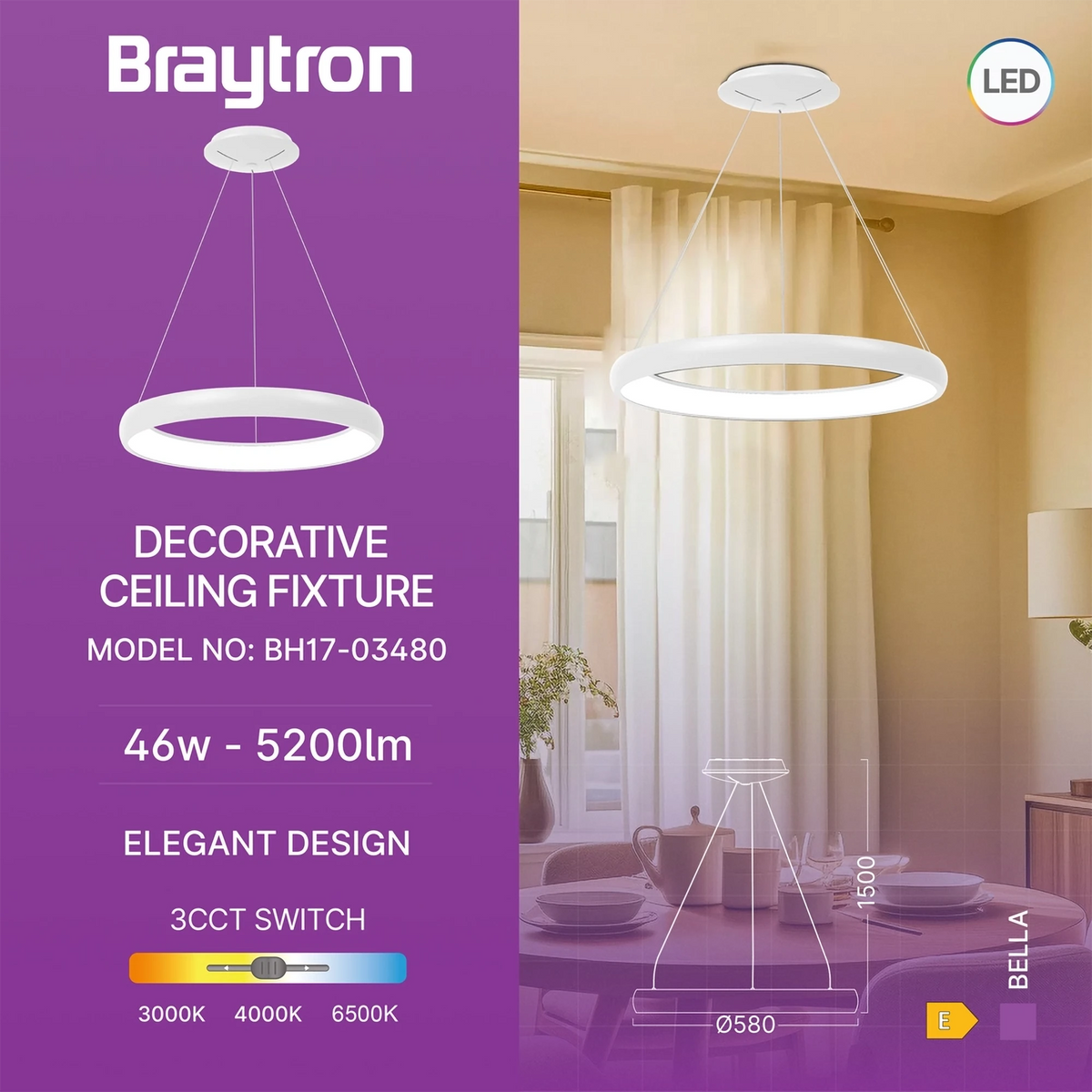 Braytron Bella Plafondlamp 46W IP20 Wit MLP PD RND 3IN1